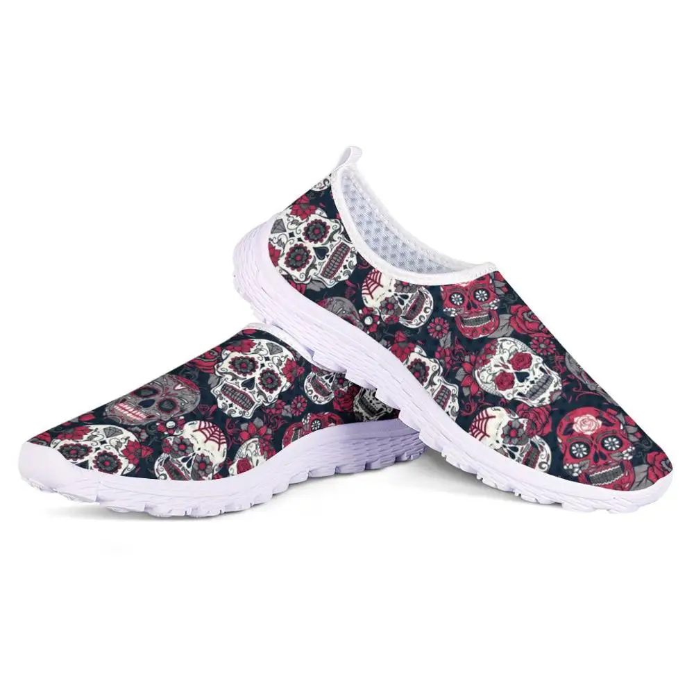 

FORUDESIGNS Floral Sugar Skull Print Women Sneakers Slip On Lightweight Mesh Shoes Breathable Summer Flats Shoes Zapatos planos
