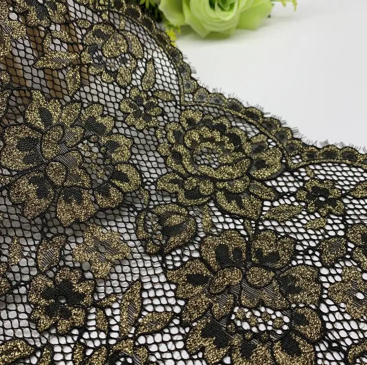 Black Gold Flower 3 года/партия, 18-22,50 см, эластичная кружевная отделка, Черное золото, аксессуары для одежды, платье, шитье, аппликационный костюм, кружевная ткань, бюстгальтер, нижнее белье - Цвет: Black Gold Flower