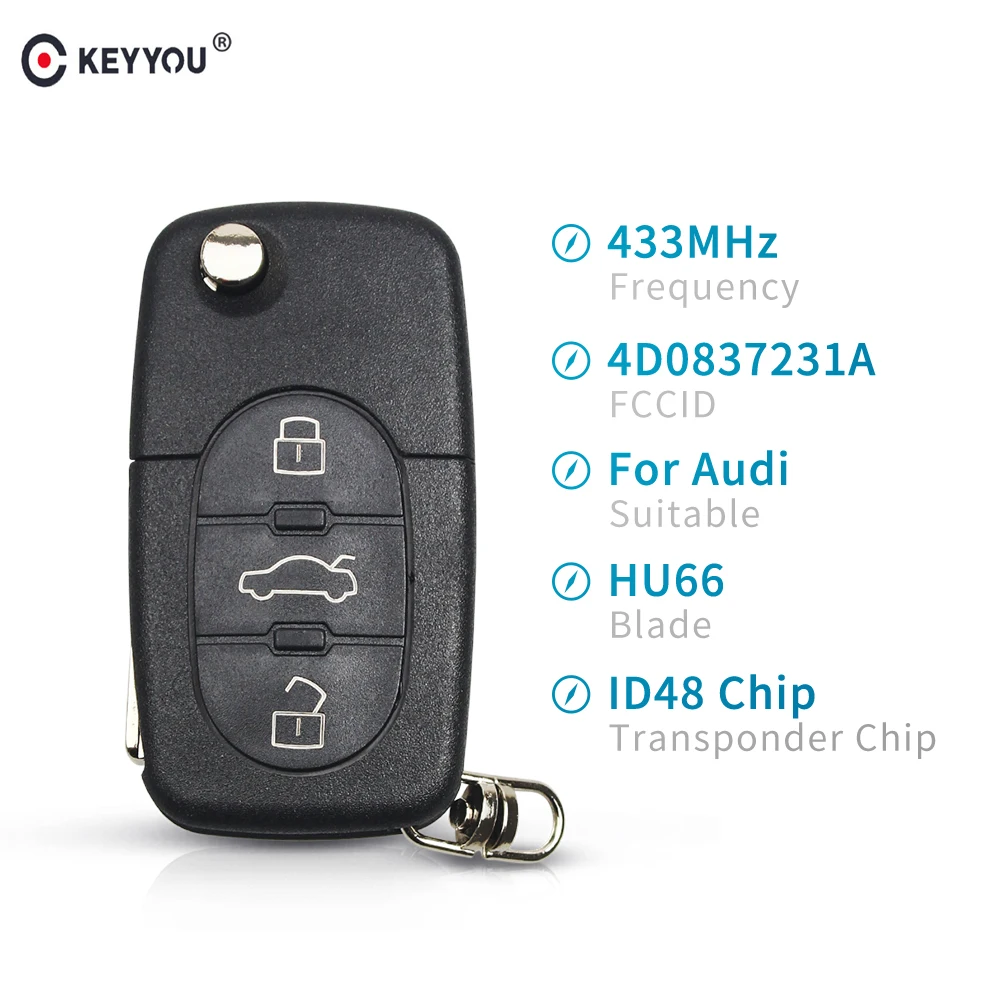 Ключ автомобильный KEYYOU 433 МГц с 3 кнопками для AUDI 4D0837231A 4D0 837 231 A Flip Fold ID48 Chip A3 A4 A6 A8