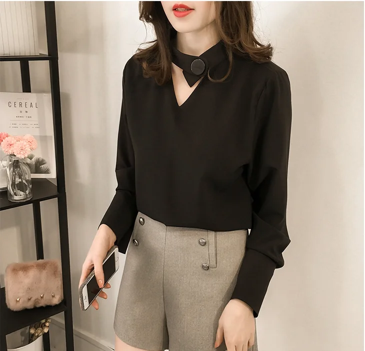 

Houthion New Solid Chiffon Women's Blouses Summer Fashion Casual Korean Long Sleeve Top Retro Blouse Breasted Woman Shirt