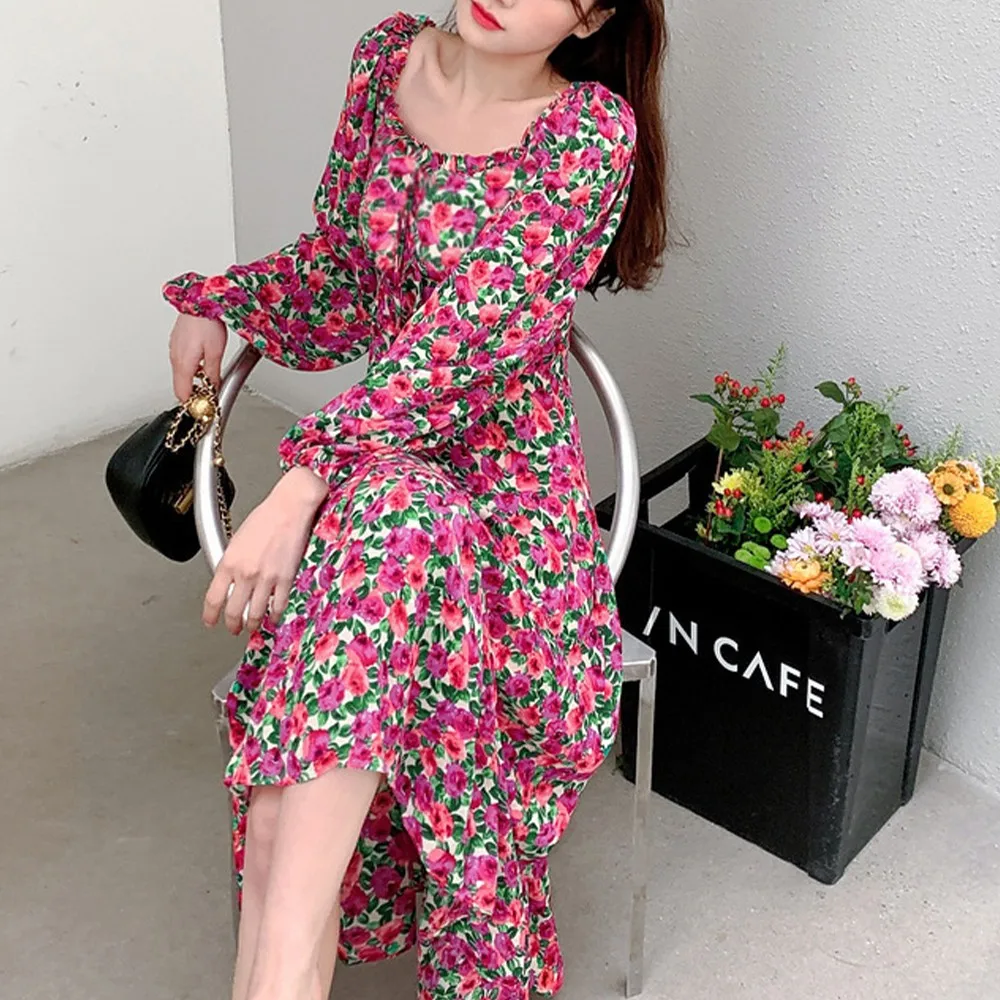 

Korean Women Vintage Flower Summer Dress Sweet Square Lantern Sleeve Long Afternoon Tea Holiday Elegant Tea Dress
