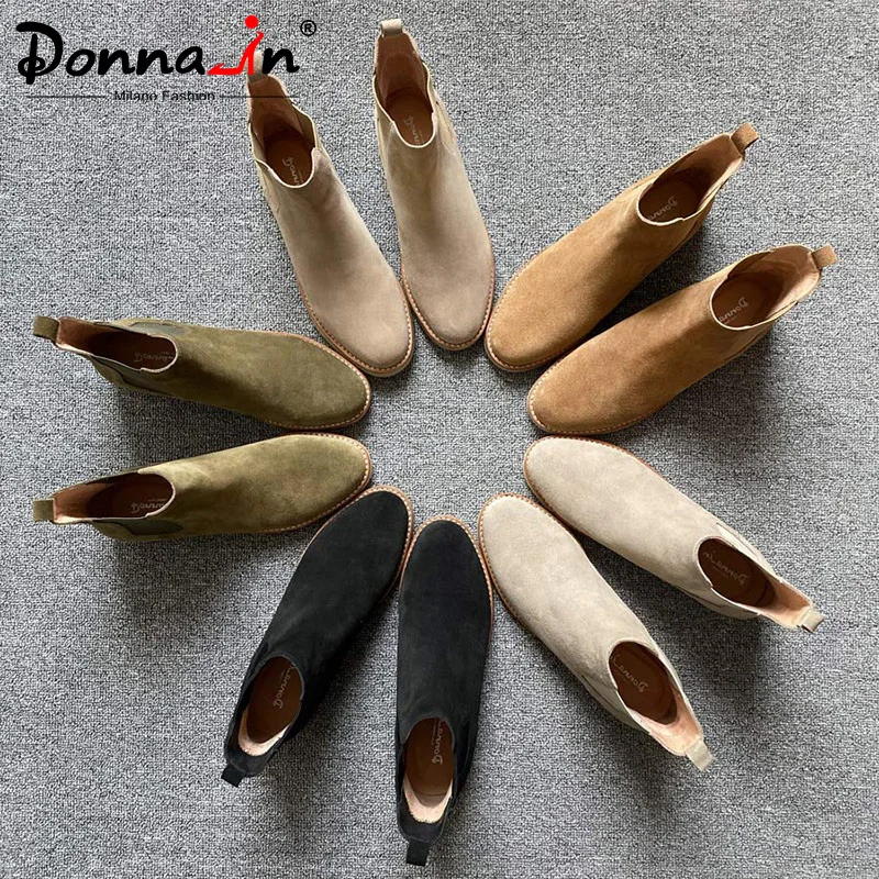 

Donna-in Soft Sole Genuine Suede Ankle Boots for Women Chelsea Low Heeled Round Toe Elastic Leather Shoes Women Autumn Boots