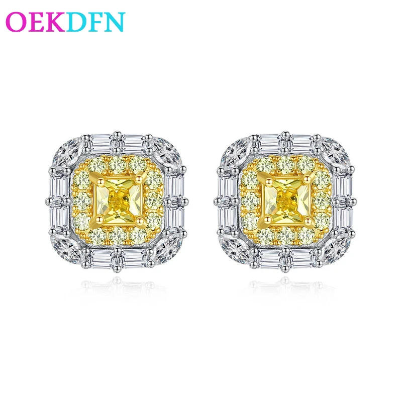 

OEKDFN 100% 925 Sterling Silver Stud Earrings Created Moissanite Citrine Gemstone Ear Studs Wedding Engagement Fine Jewelry