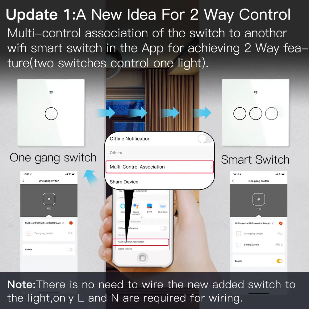 

Moeshouse WiFi Smart Light Touch Switch RF433 Smart Life/Tuya App Control,Alexa Google Home Voice Control EU US 2/3 Way