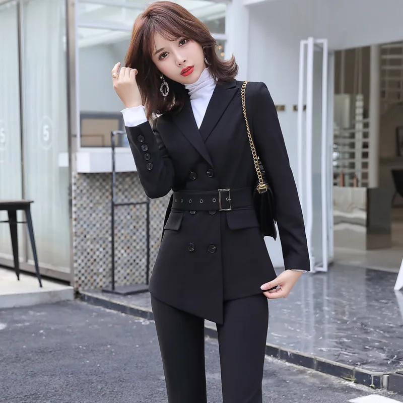 

2020 New Fashion Full Sleeve Jacket Two Piece Blazer Set Office Lady Uniform Sales Work Clothes Business Women's Suit Wear