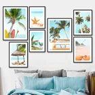 Доска для серфинга с кокосовой пальмой на солнечном пляже, настенная Картина на холсте, скандинавские плакаты и принты, настенные картины для декора гостиной