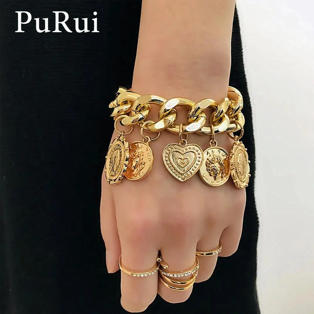 

PuRui Punk Coins Tassel Curb Chain Bracelet for Women Chunky Carved Portrait Charm Bracelet Bangle Luxury Heart Bracelet Jewelry