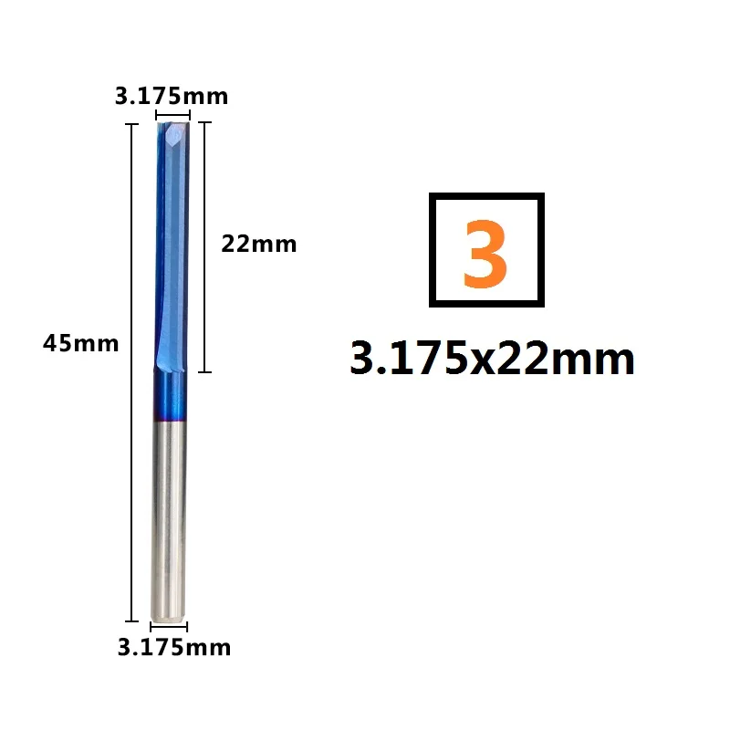3.175x22mm 10 шт. 2 флейты 3,175 мм хвостовик 12-32 мм прямая Концевая Мельница Нано голубое покрытие фрезерный станок с ЧПУ для фрезерные резаки пластиковые концевые фрезы - Длина режущей кромки: 3.175x22mm