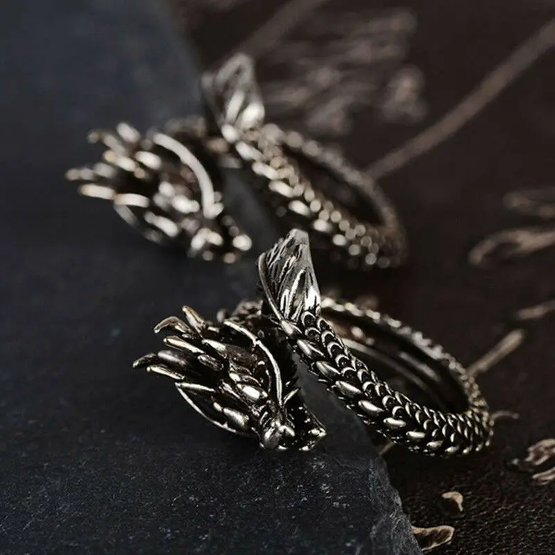 

Ancient Silver Color Vintage Gothic Punk Ancient Dragon Men Jewelry Open Ring Hip Hop Jewelry for Men's Boyfriend Gift Party
