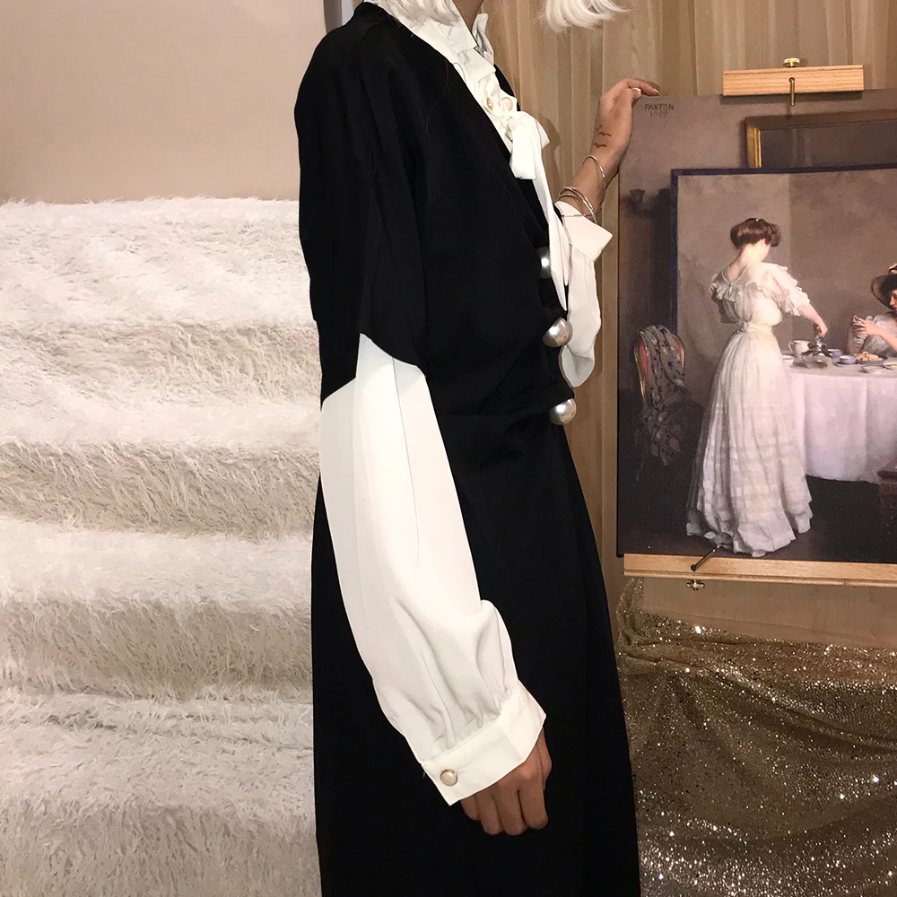 Винтажное женское платье с жемчугом черное хлопковое складками свободное