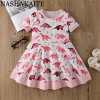 nashakaite girl dresses summer short sleeve cotton pink dinosaur cute dress for girls kids clothes toddler girl dress for 1 6y