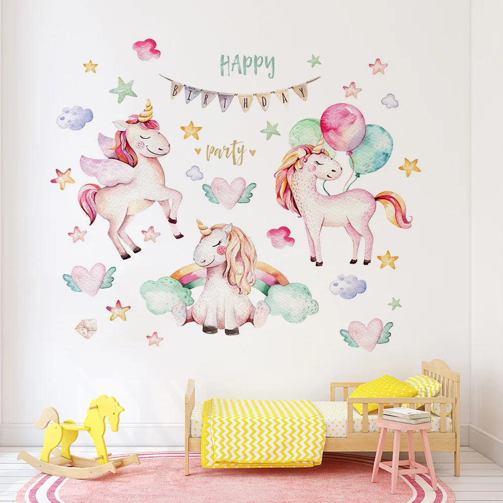 

Girls Pink Home Decor DIY Cartoon Unicorn Wall Stickers Mural Decals Kids Bedroom Nursery Vinyl Decorated Wallpaper Decoration