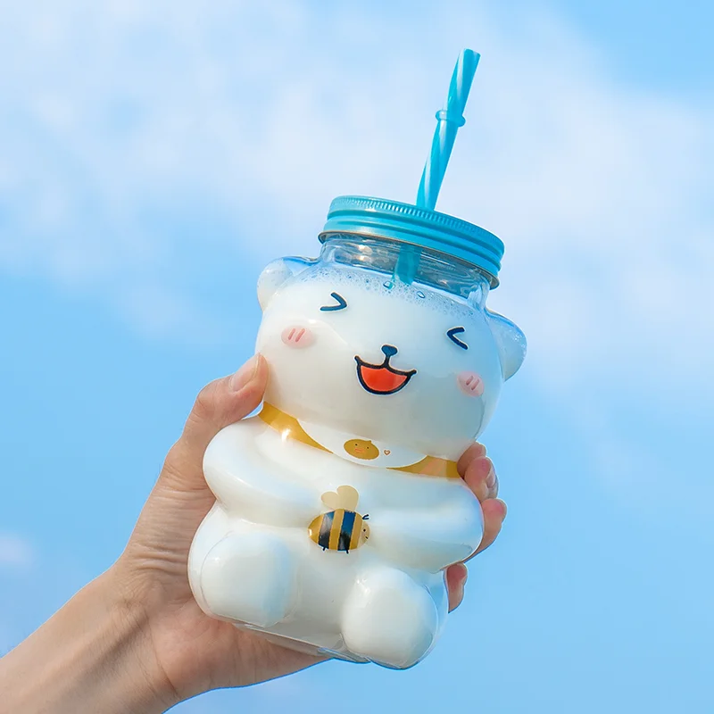 

Korean Style Kawaii Bear Straw Cup Glass Large Capacity 550ml Water Cup Heat Resistant Juice Milk Cup Girl Water Cup Simple