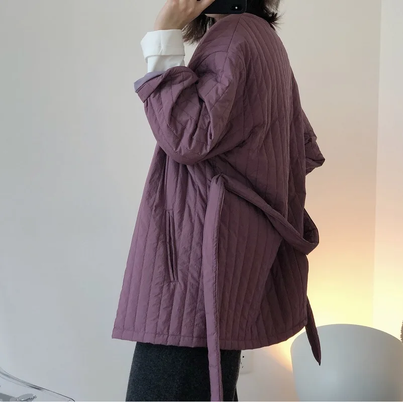 Autumn and Winter New Korean Niche Design Lazy Round Neck Cotton Coat Loose Belt Soft Warm Cotton Coat Jacket Women enlarge