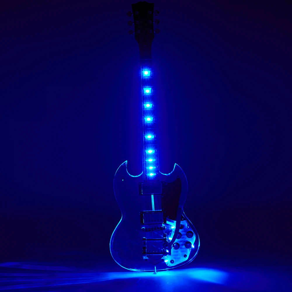 

Синяя светодиодная электрическая гитара, акриловый корпус, хромированная фурнитура, бесплатная доставка, Кленовая подставка