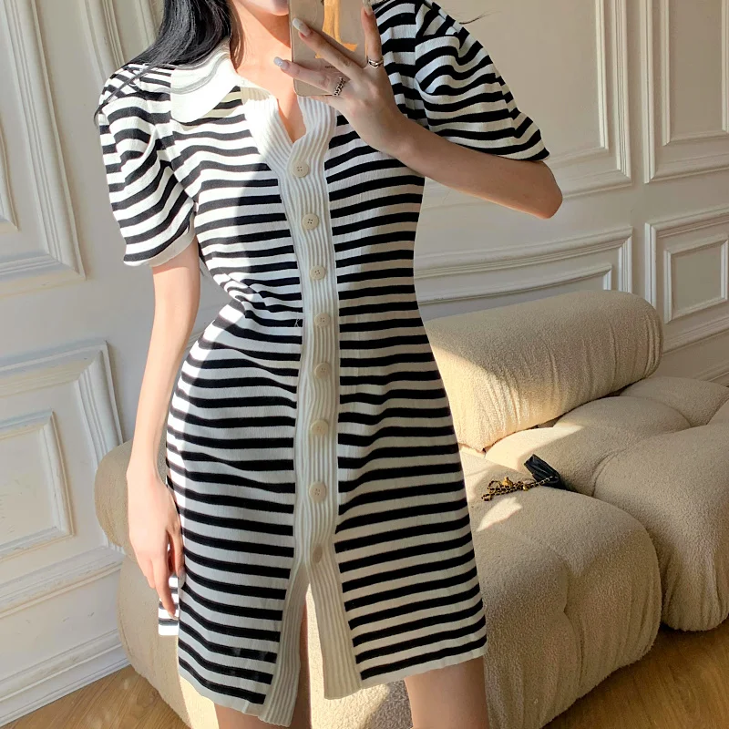 

Chic Women Robe Mini Knitted Dress Black Female Stripe Polo Brought Receive A Word Show Thin Waist Single BreasteD Puff Sleeve