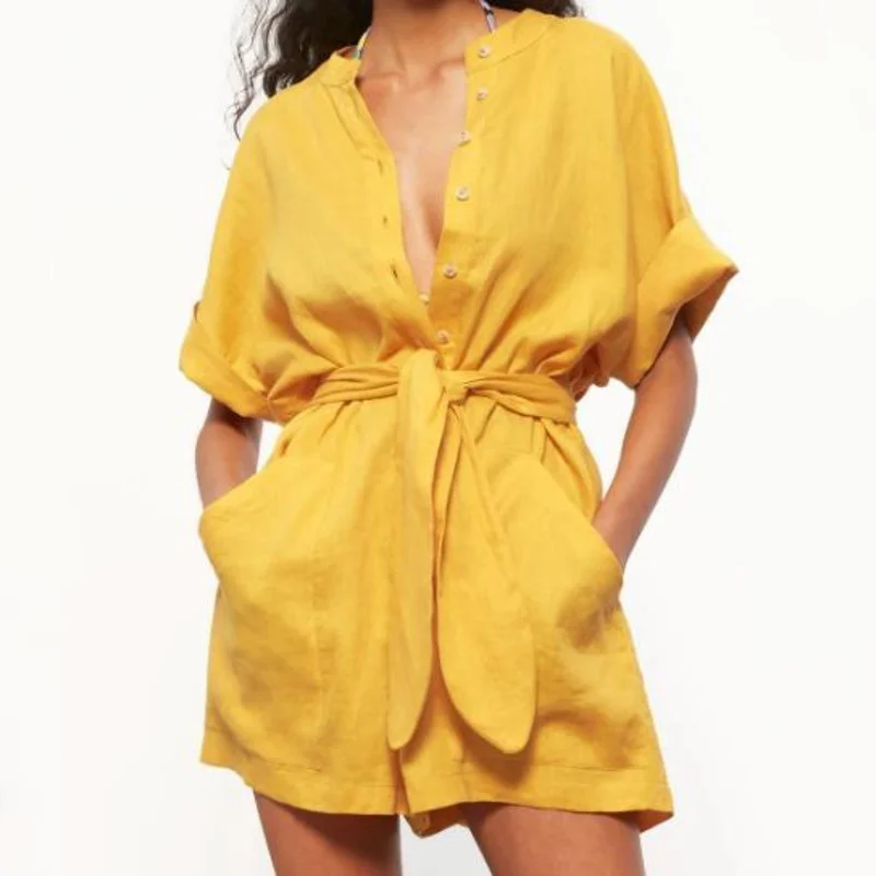 

Casual Summer Hoffman Playsuit Women Short Sleeve Wide Leg Yellow Romper Fashion Loose High Waist Wrap Belt Linen Jumpsuits
