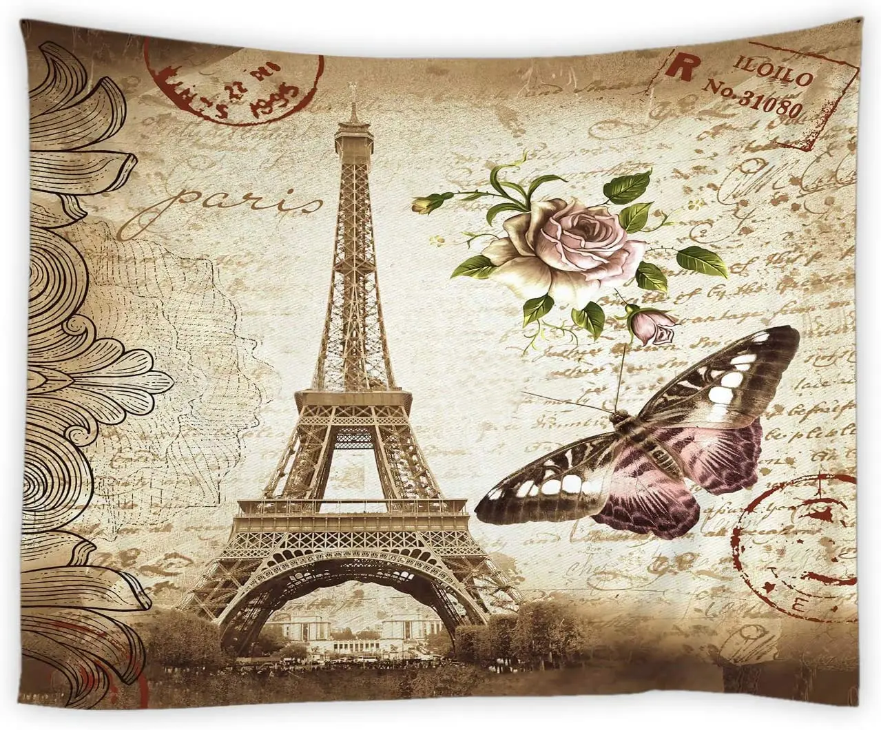 

Vintage Paris Eiffel Tower Tapestry Wall Hanging Retro Floral Rose Flower Stamp Romance City Scenery Décor