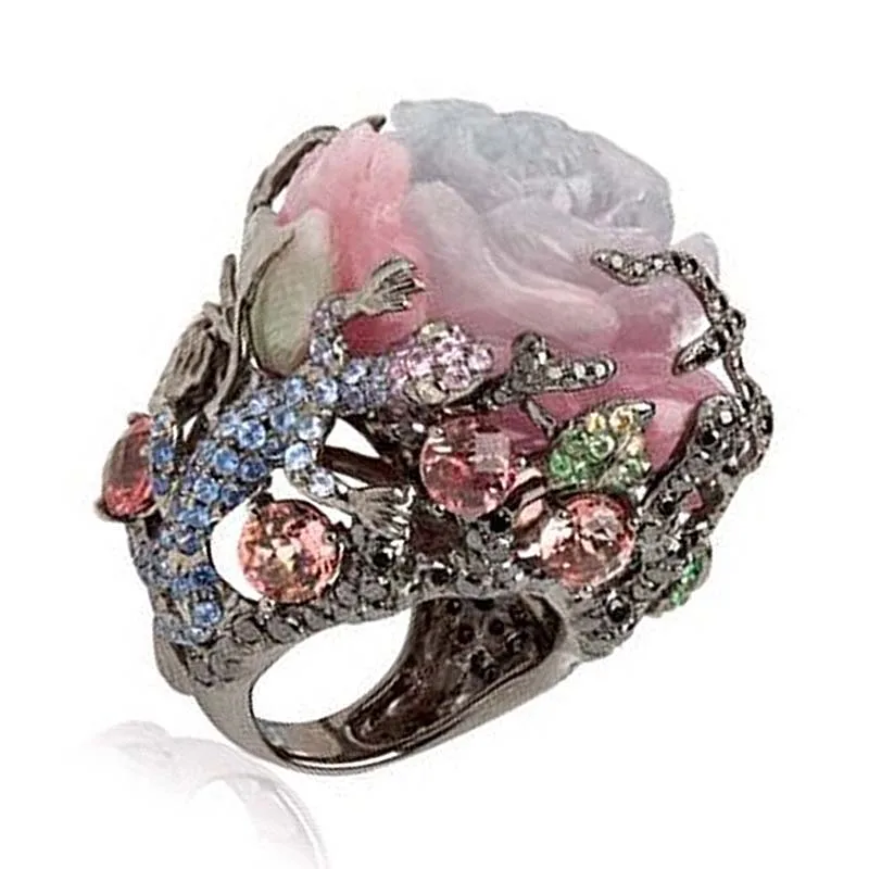 Винтажное кольцо Milangirl из черного вольфрама пион цветок дерево лоза ящерица