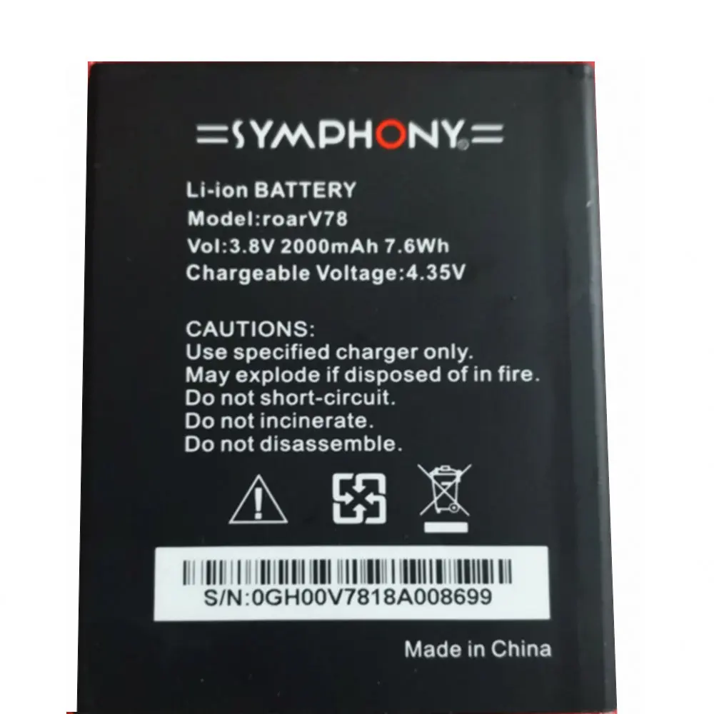 

Original size battery 3.8V 7.6wh 2000mAh for Symphony roarV78 cell phone battery