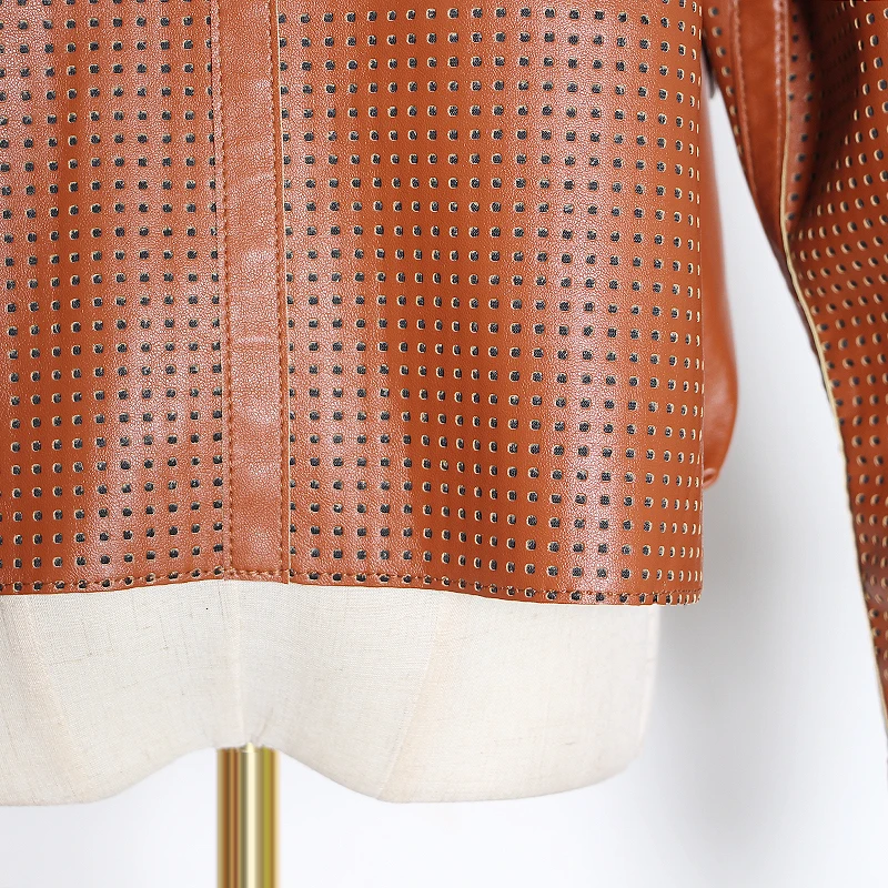 

TWOTWINSTYLE Casual Hollow Out Faux Leather Jackets For Women Hooded Long Sleeve Function Pocket Coats Female Fashion Clothing