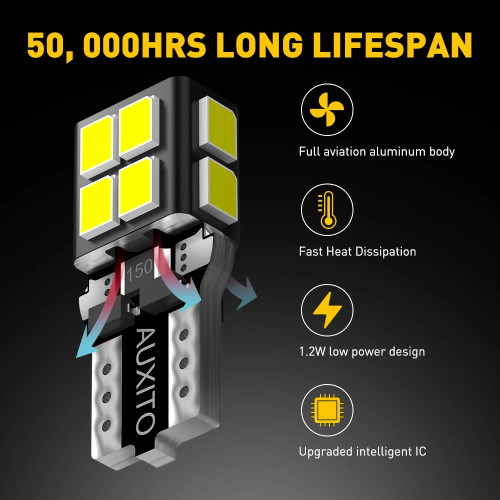 

AUXITO 10PCS T10 LED Canbus No Error Anti-Hyperflash W5W LED Bulb 2835 SMD Car Interior Lights W5YW 194 168 LED Lamp 6000K