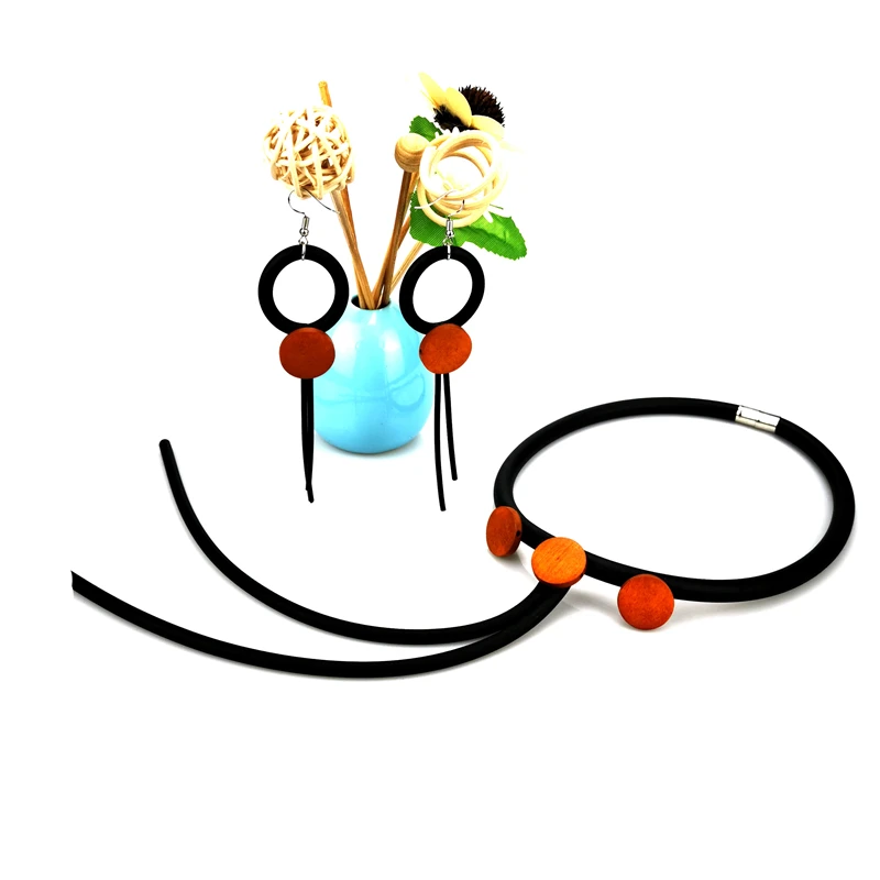

UKEBAY New Orange Wood Necklace And Earrings A Set Women Jewelry Sets Tassel Choker Necklaces Drop Earrings Gift DIY Handmade
