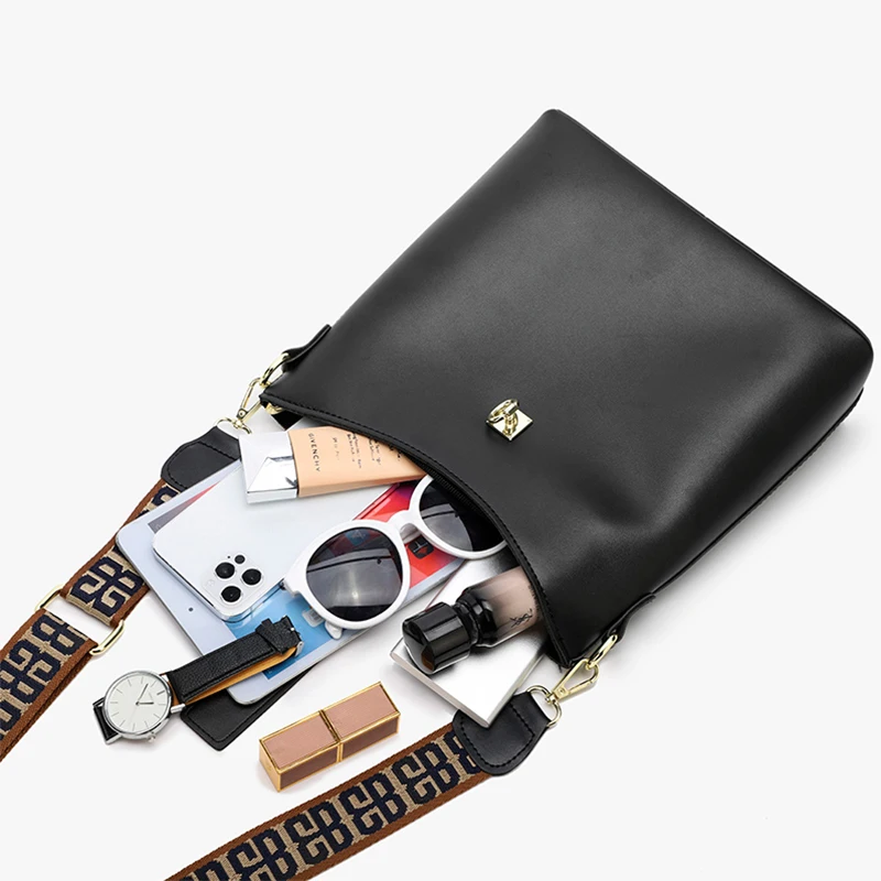 

Brand Design Luxury Bucket Bag Women Simple PU Leather Broadband Shoulder Bag Lady Fashion Large Capacity Solid Color Handbag