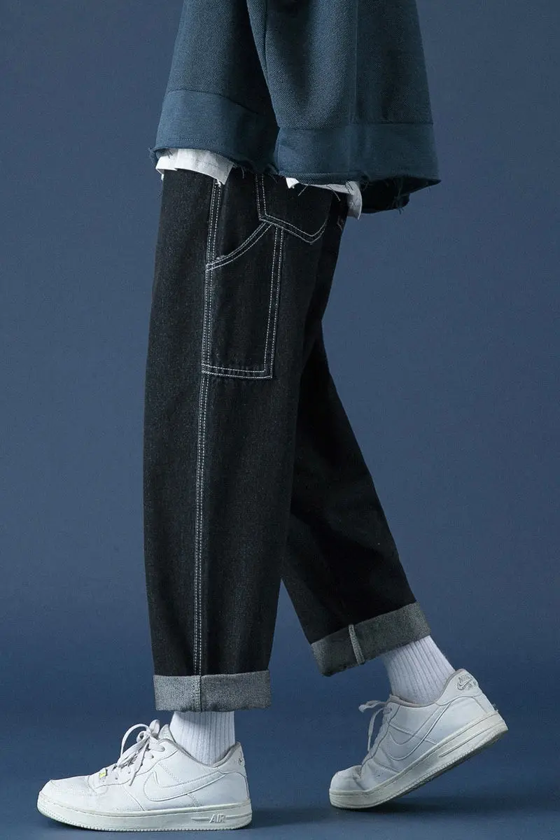 

Men's jeans spring/winter 2021 new slim-fit top-stitch tooling solid color straight-leg pants jeans loose casual men's clothing