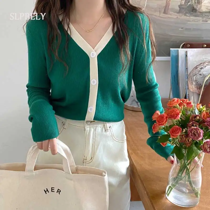 

SLPBELY Fashion Cardigan Long Sleeve Single Breasted Contrast Color Button Knitted V Neck Sweaters 2021 Autumn Casual Jumper Top