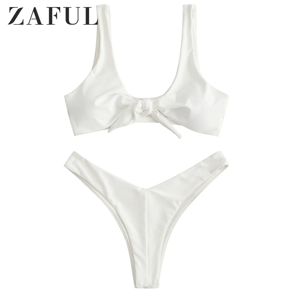 Женский купальник бикини ZAFUL с узлом со средней талией однотонный глубоким