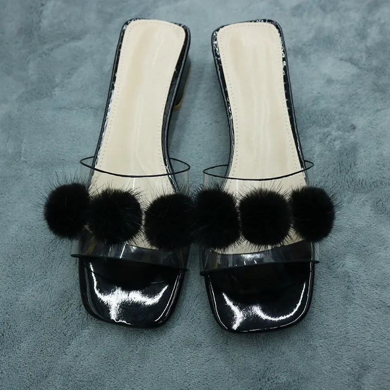 

2021 New One Line Sandals, Women's Shoes With Mink Hair, Women's Summer Middle Heel Lazy Slippers