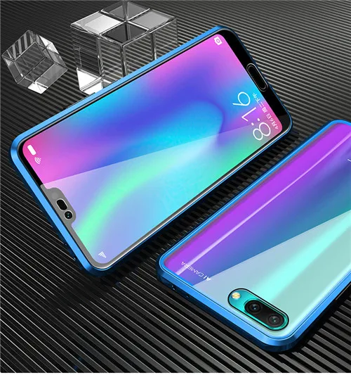 Встроенный Магнитный чехол стеклянный магнит Адсорбция чехол для huawei Honor 10i Honor V10 Передняя и задняя стеклянная крышка чехол Honor 10 - Цвет: Синий