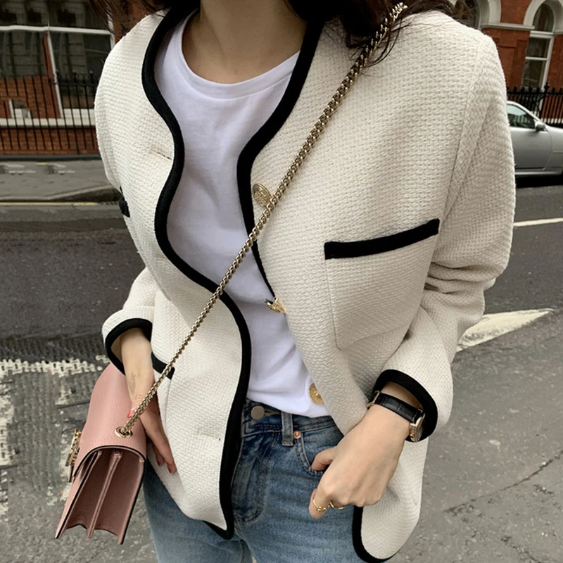 

Sannian Women Coat Autumn Round Neck Trim Contrast Color Single Breasted Loose Multi-pocket Design Short Jacket Women Clothes