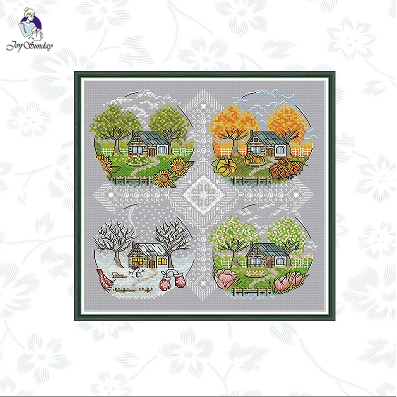 

Joy Sunday Four Seasons Scenery Pattern Printed Cross Stitch Kits 11CT 14CT Counted Canvas DIY Embroidery Needlework Gifts Sets