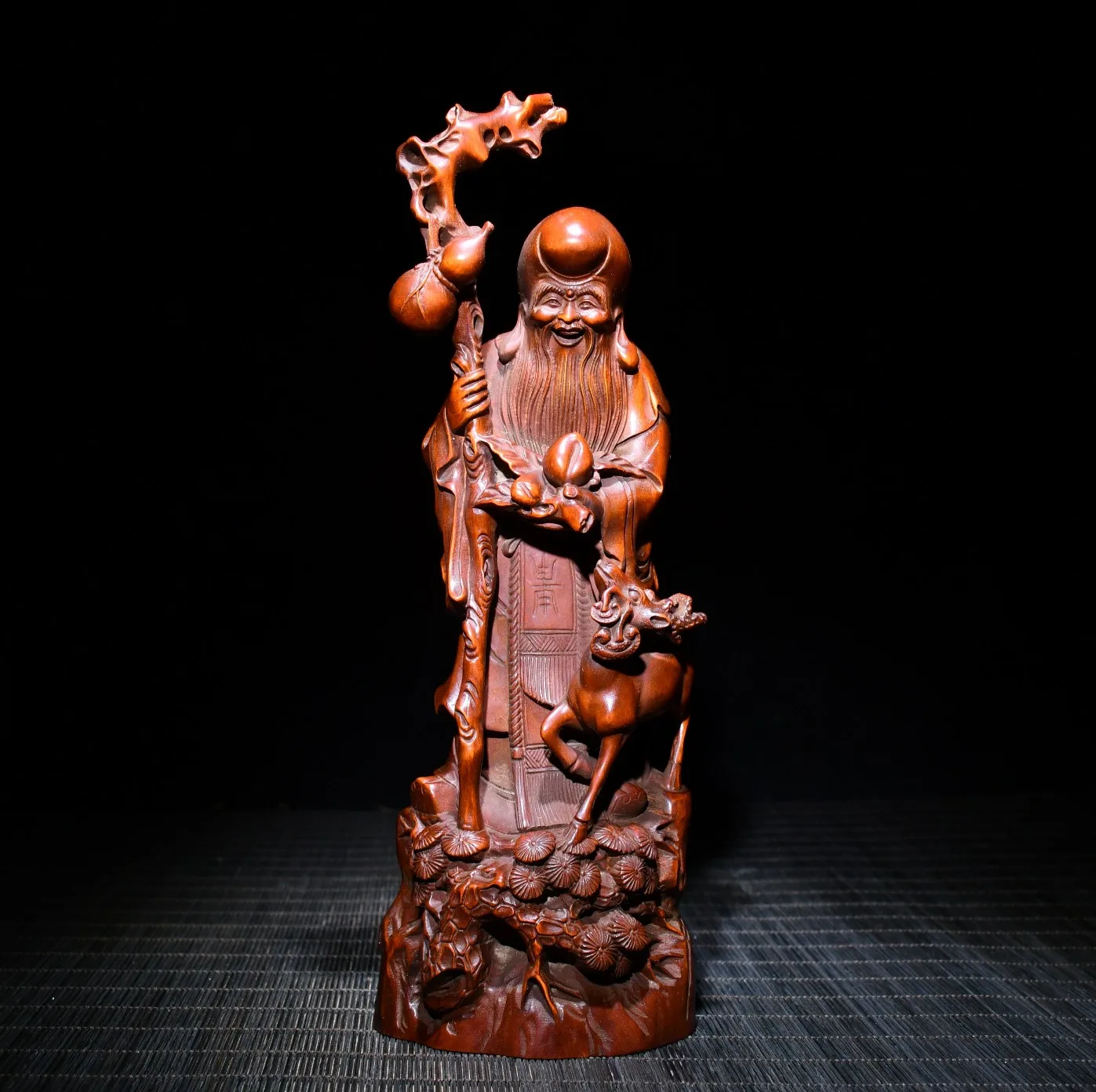 

9"China Folk Collection Old Boxwood Birthday Linglu Xiantao God of Longevity Standing like Office Ornaments Town House Exorcism