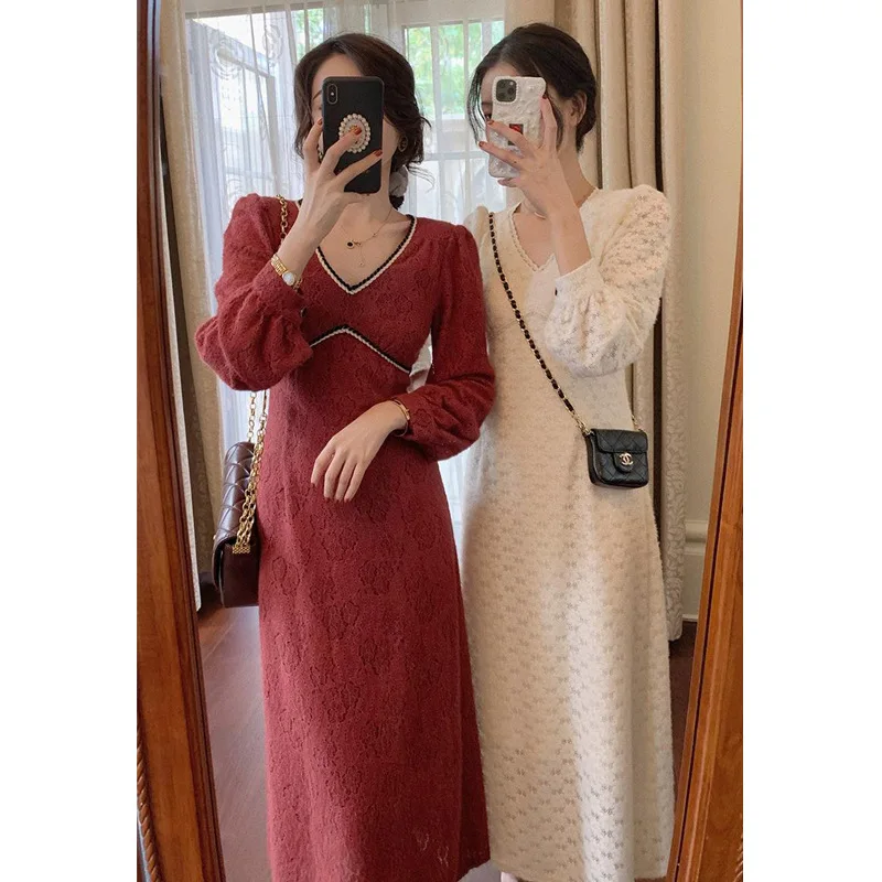 

Сетчатая красная женская зимняя кружевная Ретро французская плюшевая мягкая кружевная юбка женское осенне-зимнее платье