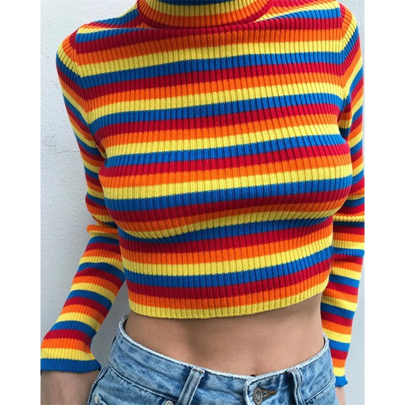

Woman Colorful Striped Blouse Colorblock Shirt Split Long Sleeve Knit Blouse Blouse Retro Autumn Casual topss
