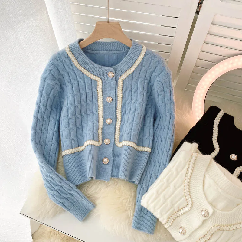 

Blue Twisted Cardigan Vintage Autumn Winter 2021 Women Thick Warm Short Sweater Coat Full O-Neck Pearl Buckle Knit Elegant Tops