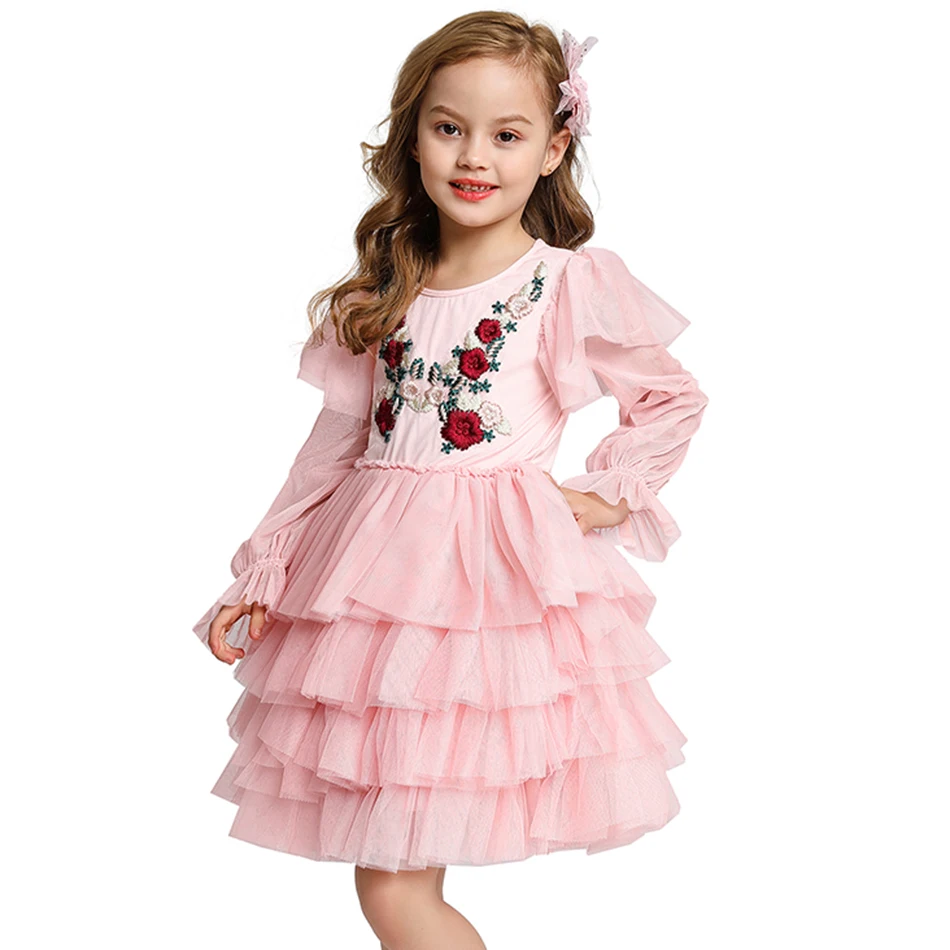 

Girls Flower Embroidery Gown Pink Layered Dress for Girl Kids Spring Summer Long Sleeve Vestido Children Fancy Bithday Clothing
