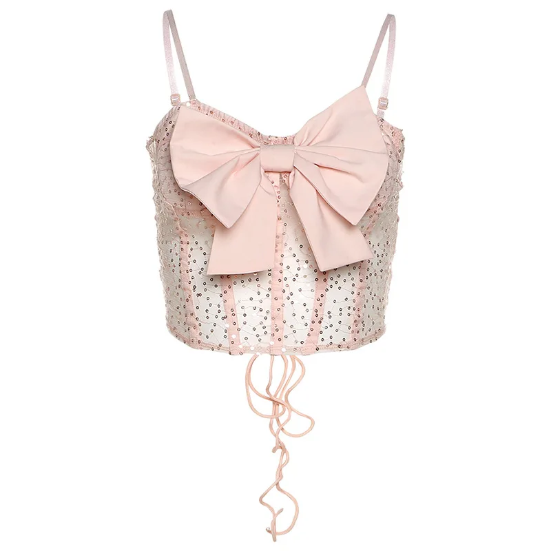 

Sexy Bow Corset Crop Top Women Bustier Y2k Clothes Clubwear Party Outfits Summer Slim Solid See-through Mesh Sequins Tube Top