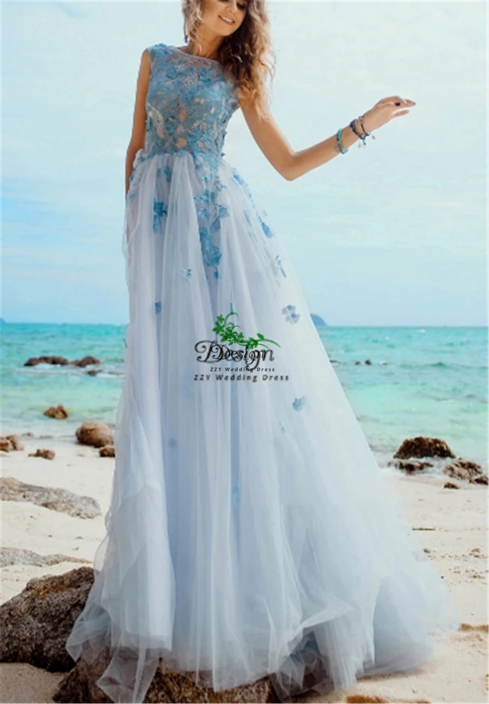 

Newest Sky BLue Tulle Scoop 3D Lace Appliques Illusion A-line Bridal Dresses Sweep Train Custom-Made Beach wedding gown