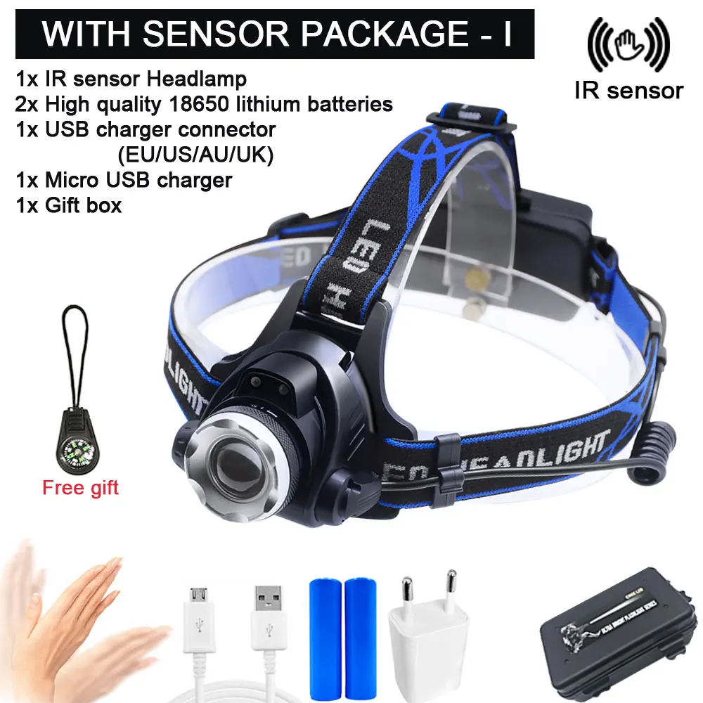 With sensor-I Светодиодный налобный фонарь для рыбалки головной светильник T6/L2 зум лампа Водонепроницаемый Головной фонарь вспышка светильник фонарь Использует 18650 Аккумулятор для велосипеда светильник - Испускаемый цвет: With sensor-I