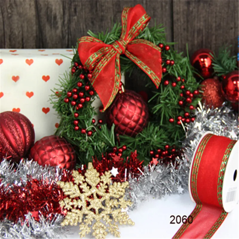

N2060 38MM Glitter edges red organza ribbon for gift wrapping wired edge ribbon 25yards roll