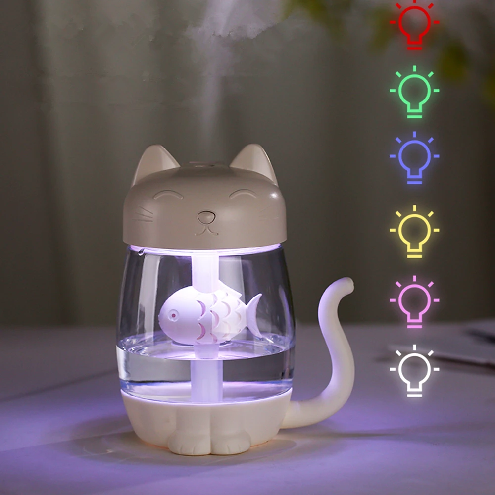 

350ML Cat Air Humidifier With Color LED Light Ultrasonic 3 In 1 Adorable Cat Eat Fish Humidificador USB Aroma Diffuser Fogger