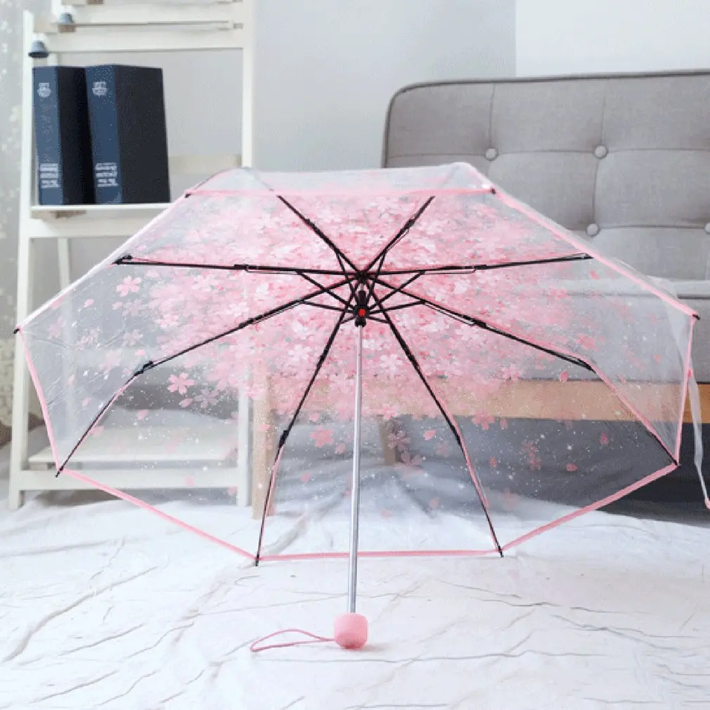 

Compact Folding Cherry Umbrella Transparent Clear Umbrella Three Folding 8 Rib Windproof Umbrellas Women Rain Umbrella Newest