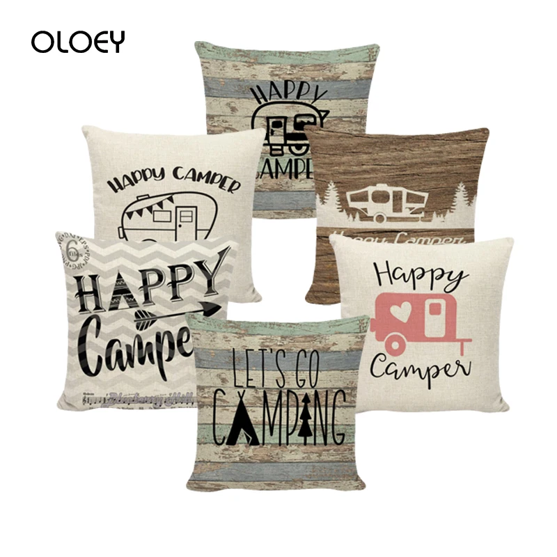 Счастливый кемпинг искусственная льняная наволочка с принтом автомобильное