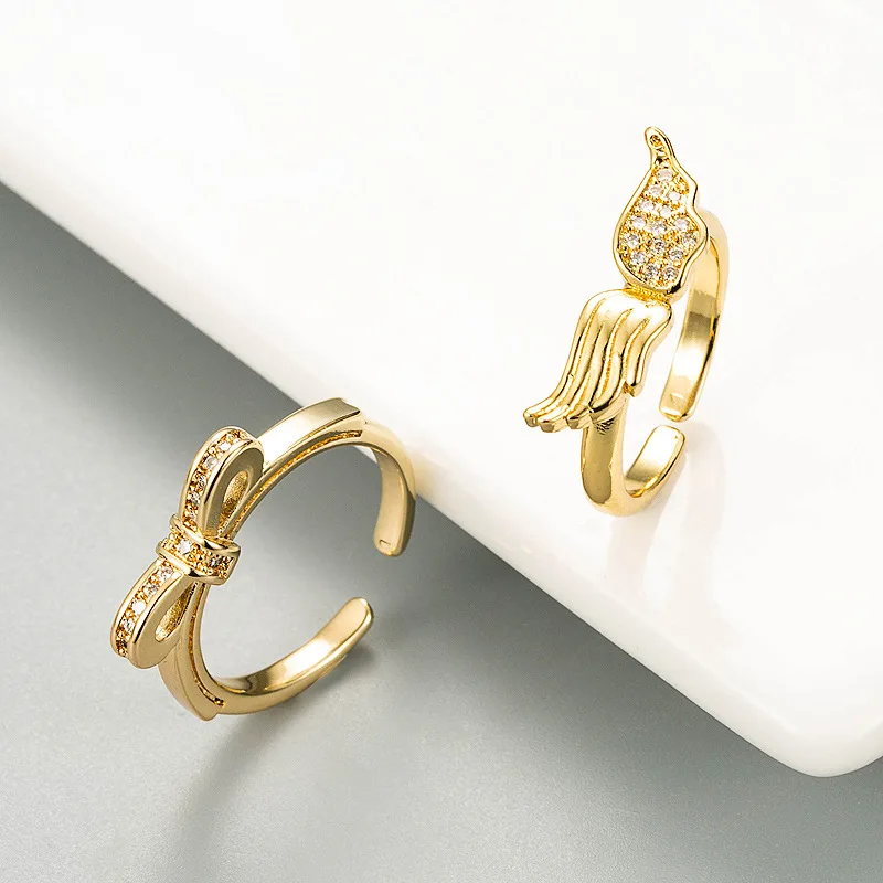 

New Rings 2021 Trend Copper Plated Gold Color Micro-set Zircon Angel Wings Lovers Open Ring Korean Style Ring Jewellery