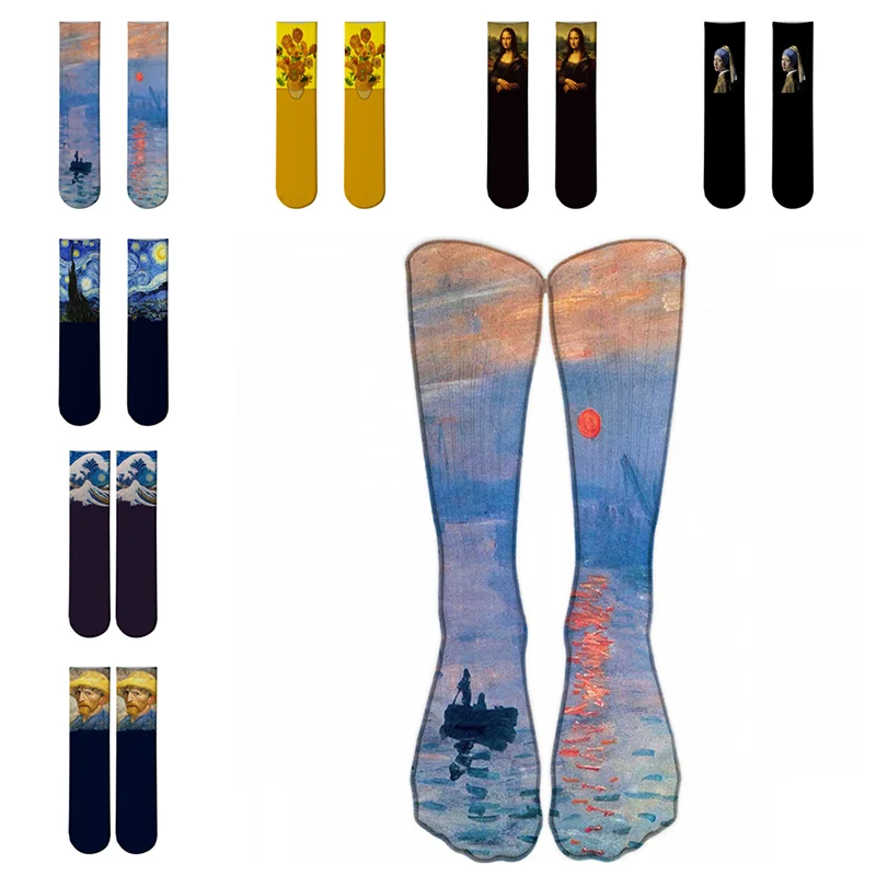 

New Starry Night Irises Long Tube Socks Female Van Gogh Art Oil Painting Female Socks Funny High-quality Winter Socks Calcetines