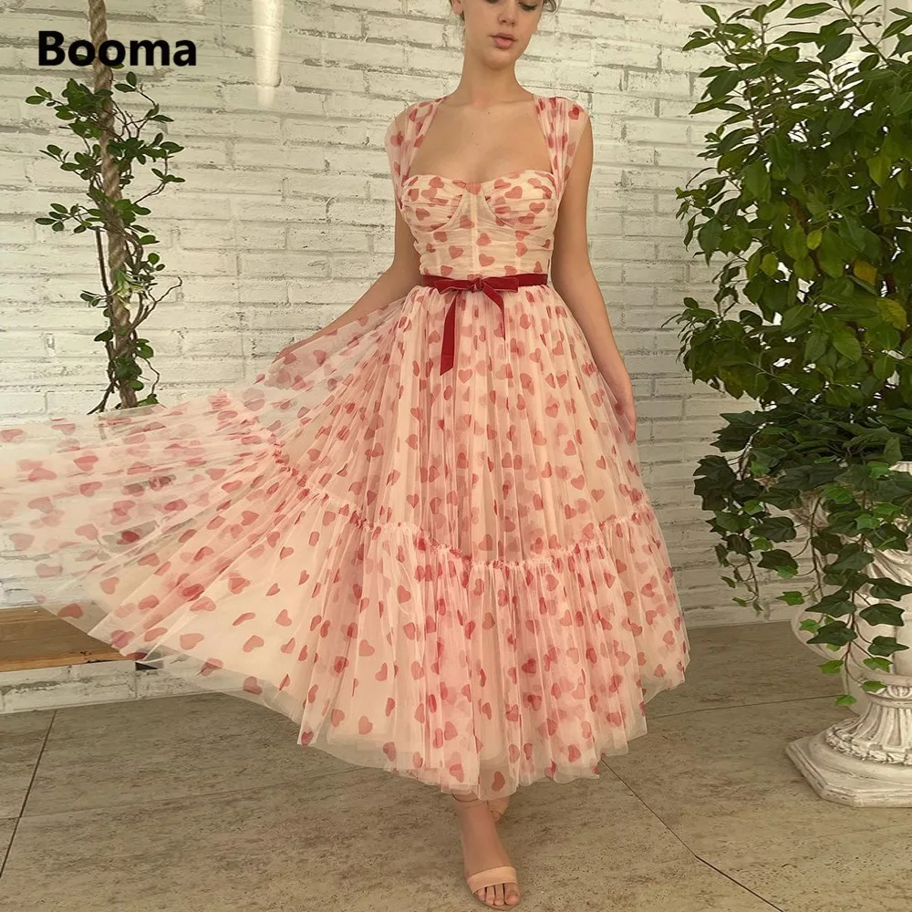 Платье для выпускного Booma 2022 Hearts Tulle A-Line Midi с открытой спиной, бантом и длиной чаян.